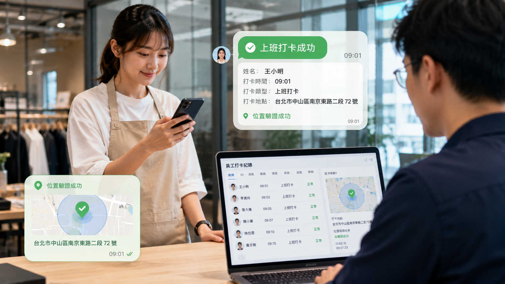 員工使用 LINE 完成打卡成功，主管同步查看出勤紀錄與地點資訊