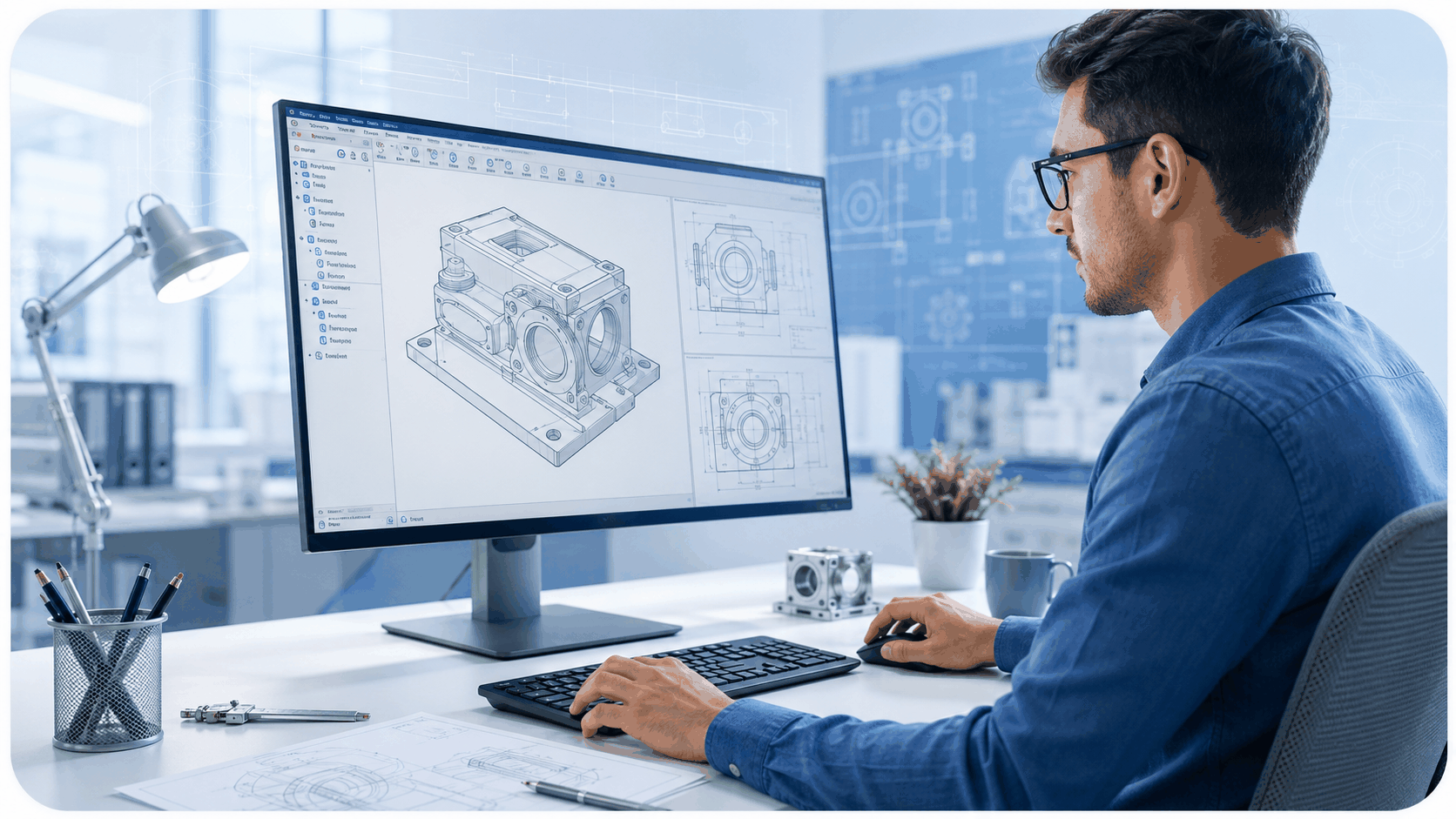 工程師使用 CAD 軟體檢視設計圖面
