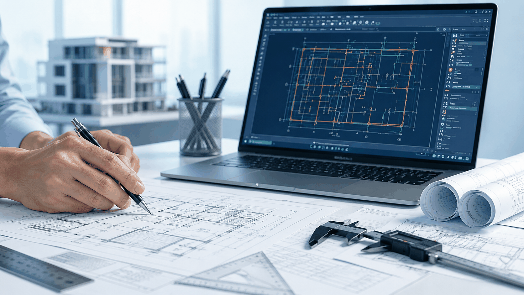 工程師使用 CAD 軟體檢視建築與施工圖面