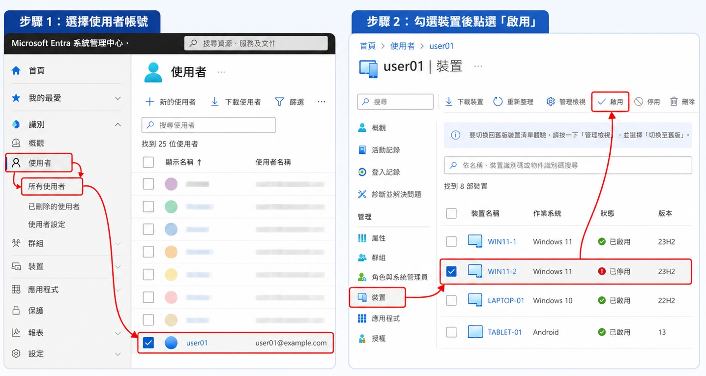 Microsoft Entra 使用者裝置頁面中勾選已停用的 Windows 裝置並點選啟用